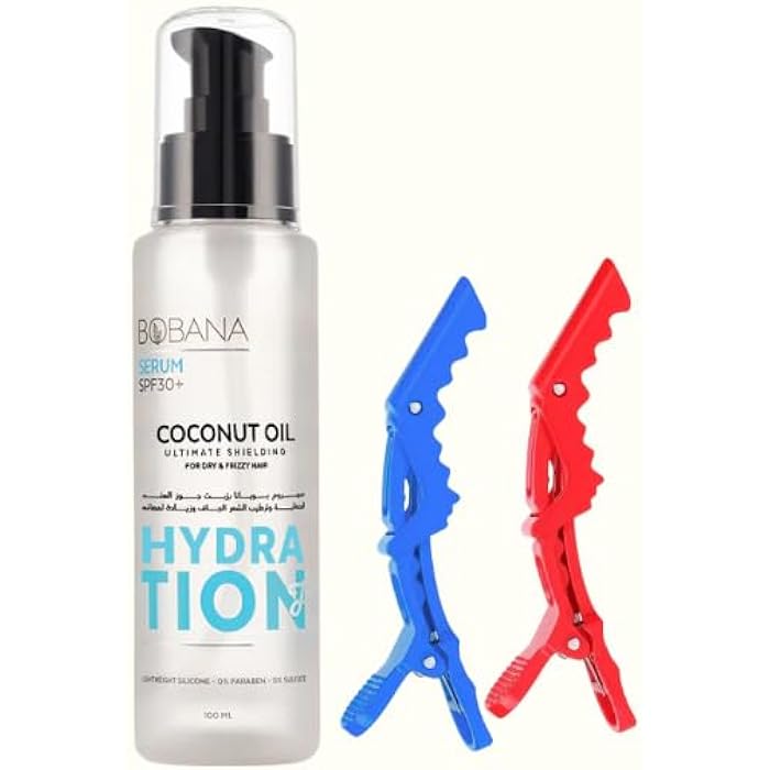 Bobana Coconut Oil Serum for Dry Hair 100ml with 2 Hair Clips Multi-Colour, SPF30 Protection - Image 5